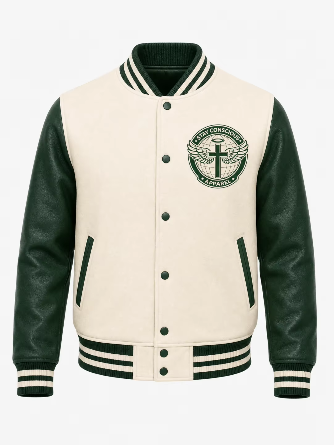 Green Varsity jacket (c) Stay Concious Apparel.
