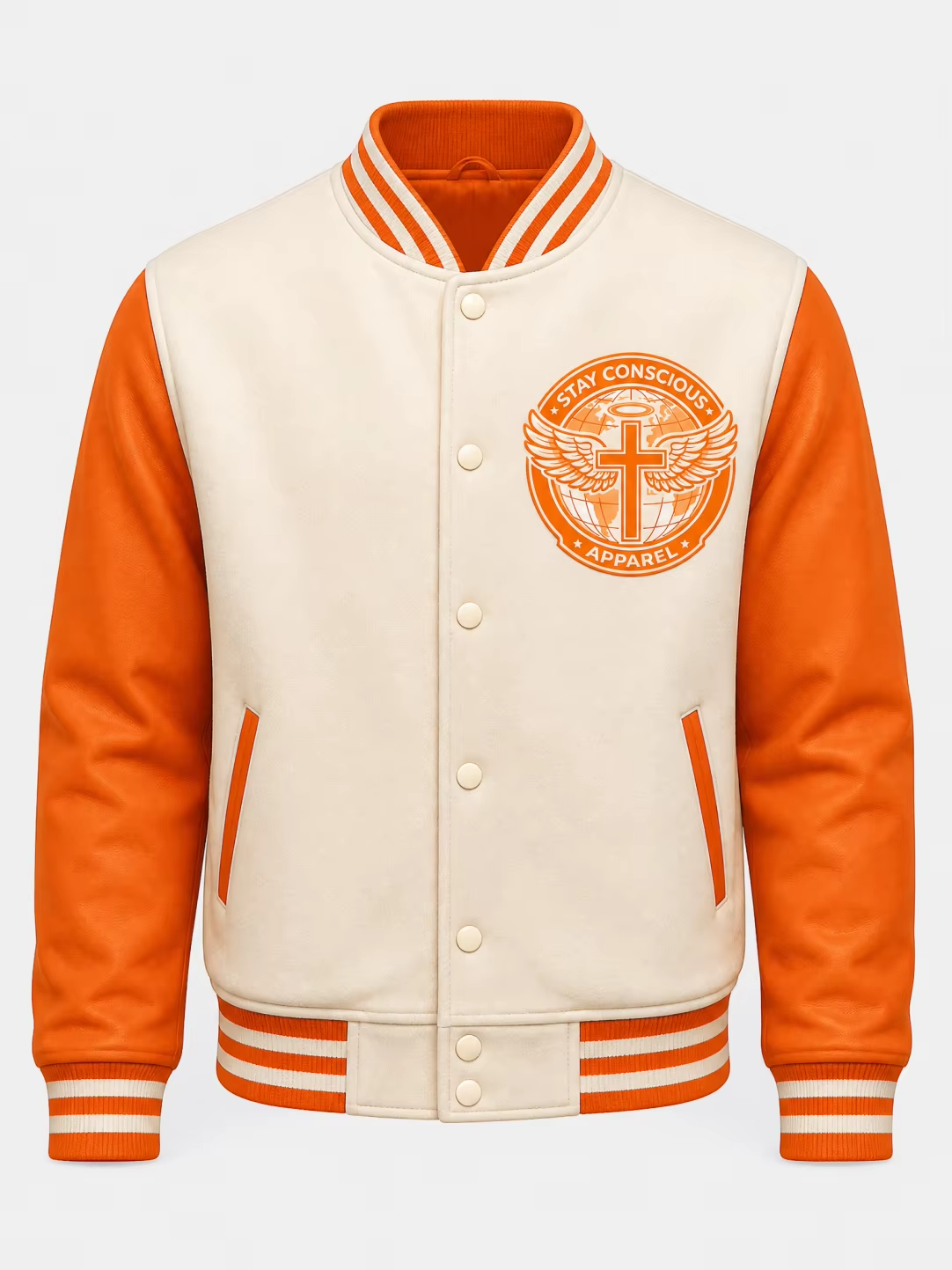 Orange Varsity jacket (c) Stay Concious Apparel.